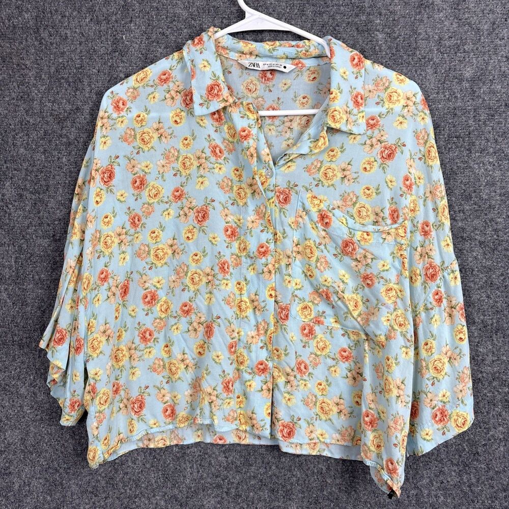 Zara Top Blouse Womens Size M Blue floral Cottagecore Boho Oversized Grandma